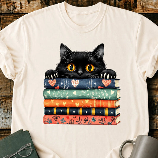 Black Cat Book Stack T-Shirt
