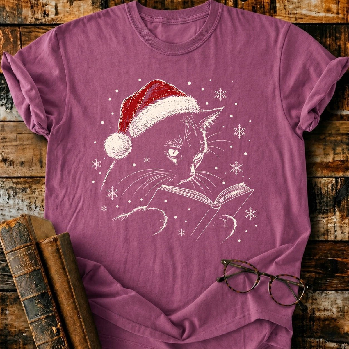 Cat Reading Christmas T-Shirt - BookMuseClub