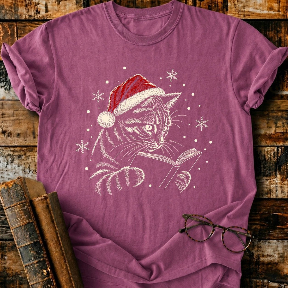 Tabby Cat Reading Christmas T-Shirt - BookMuseClub