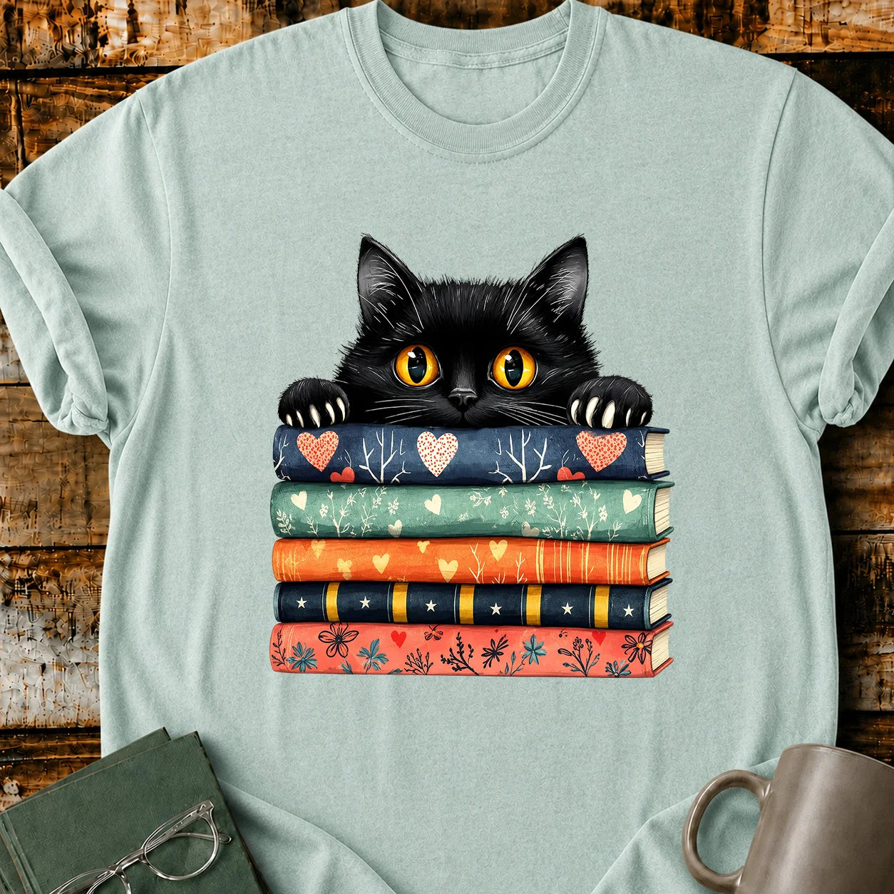 Black Cat Book Stack T-Shirt
