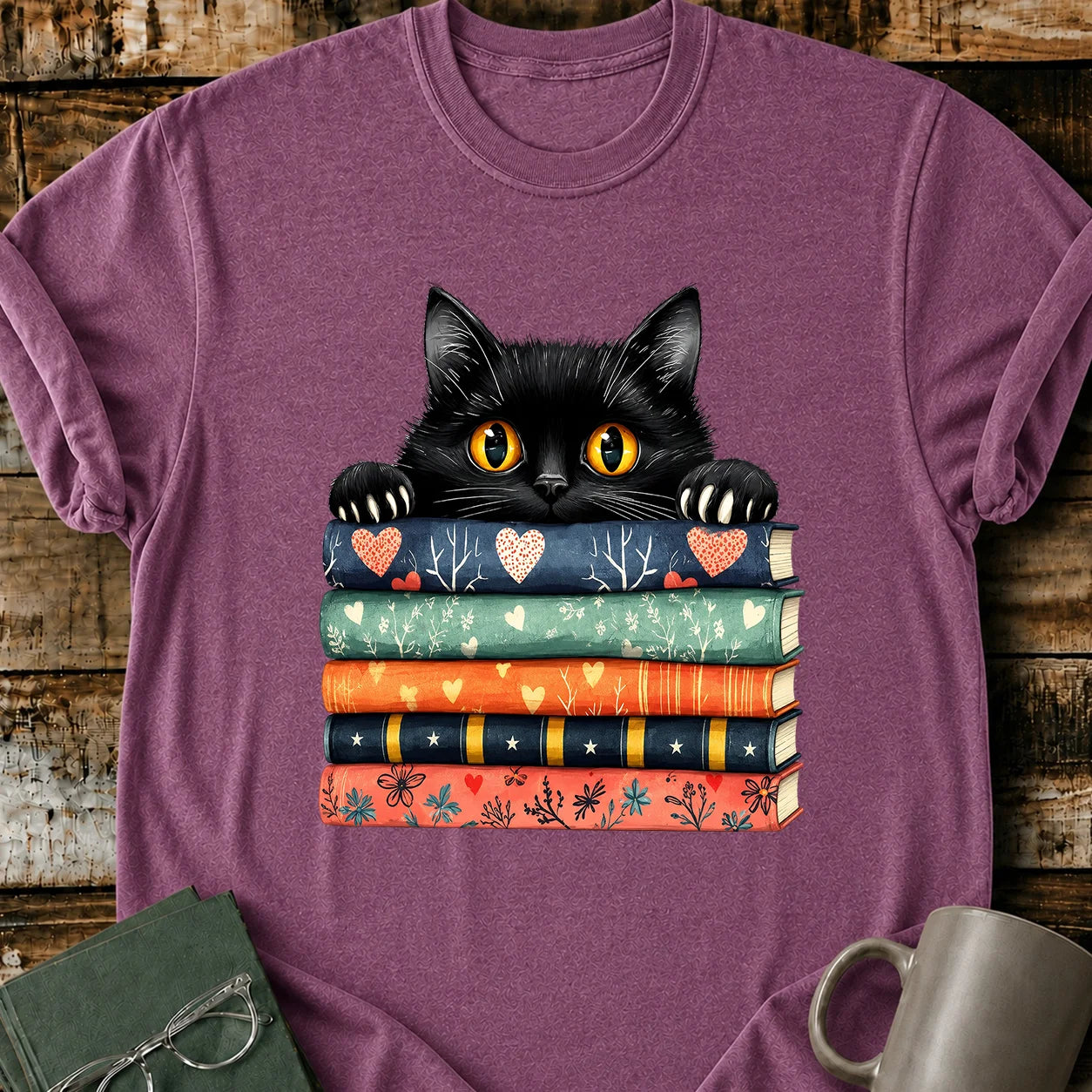 Black Cat Book Stack T-Shirt