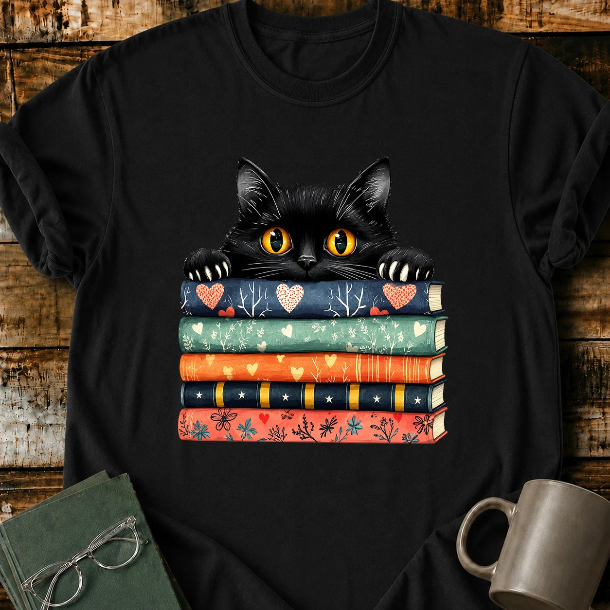 Black Cat Book Stack T-Shirt