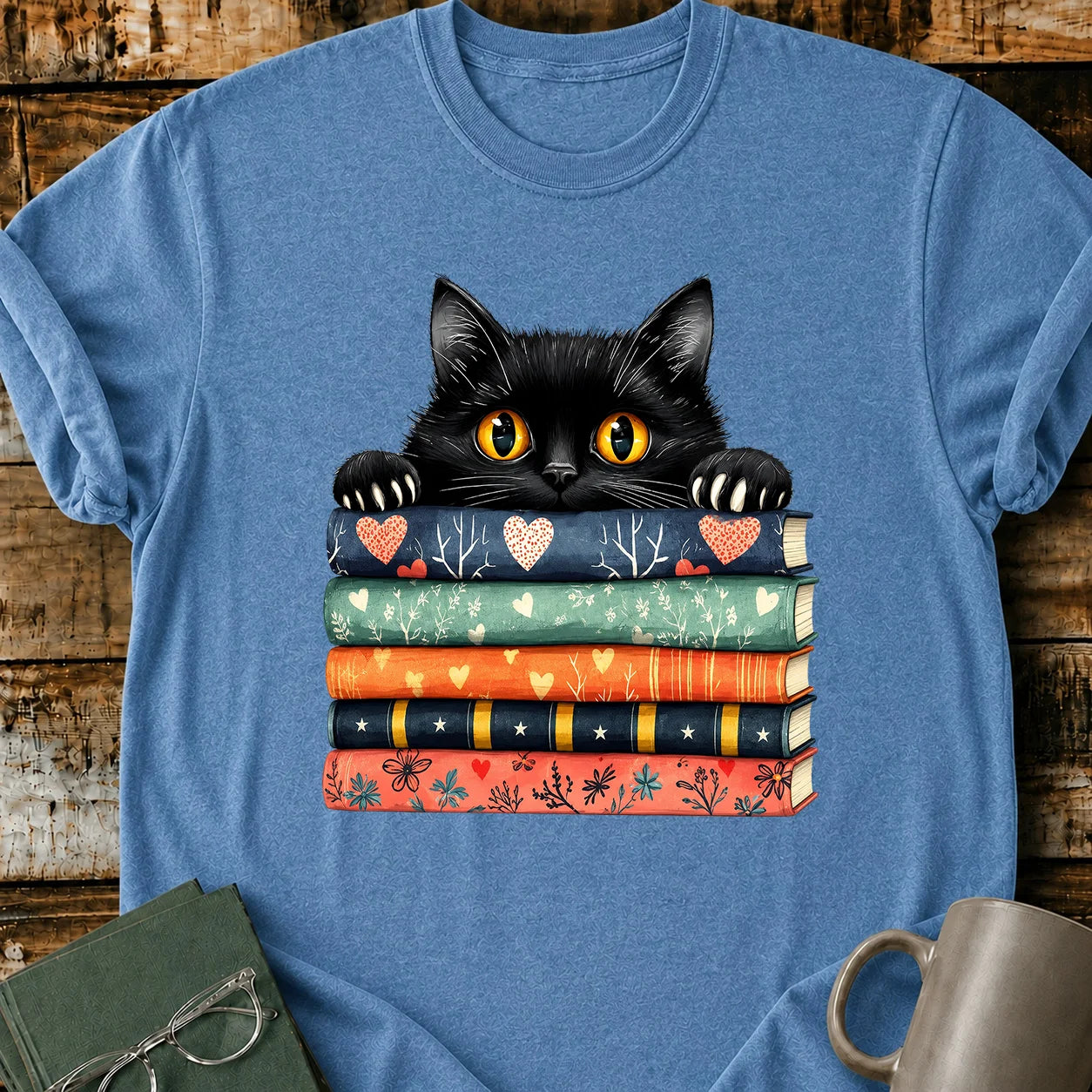 Black Cat Book Stack T-Shirt