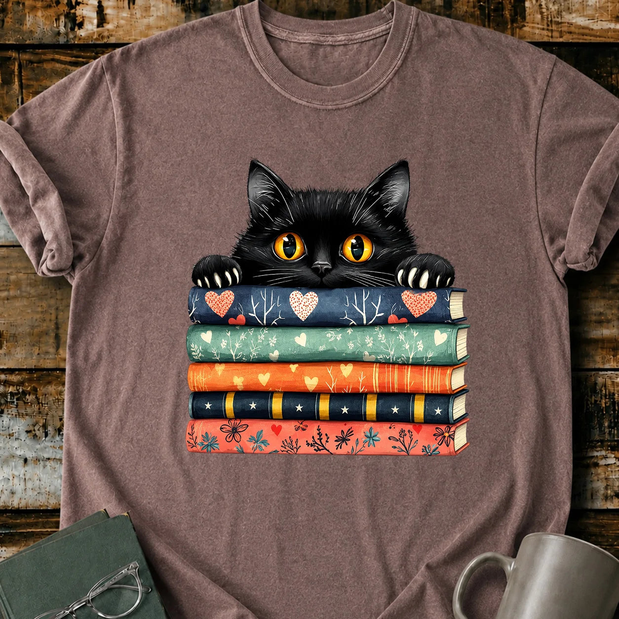 Black Cat Book Stack T-Shirt