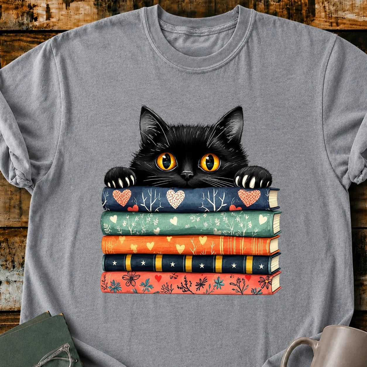 Black Cat Book Stack T-Shirt