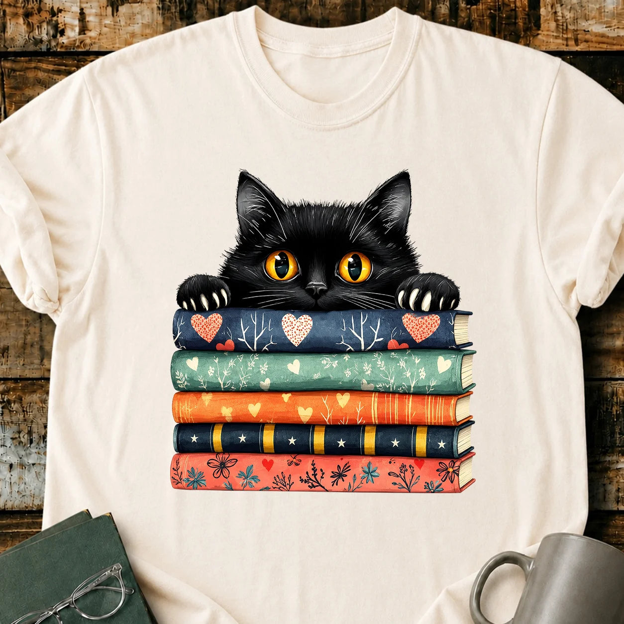 Black Cat Book Stack T-Shirt