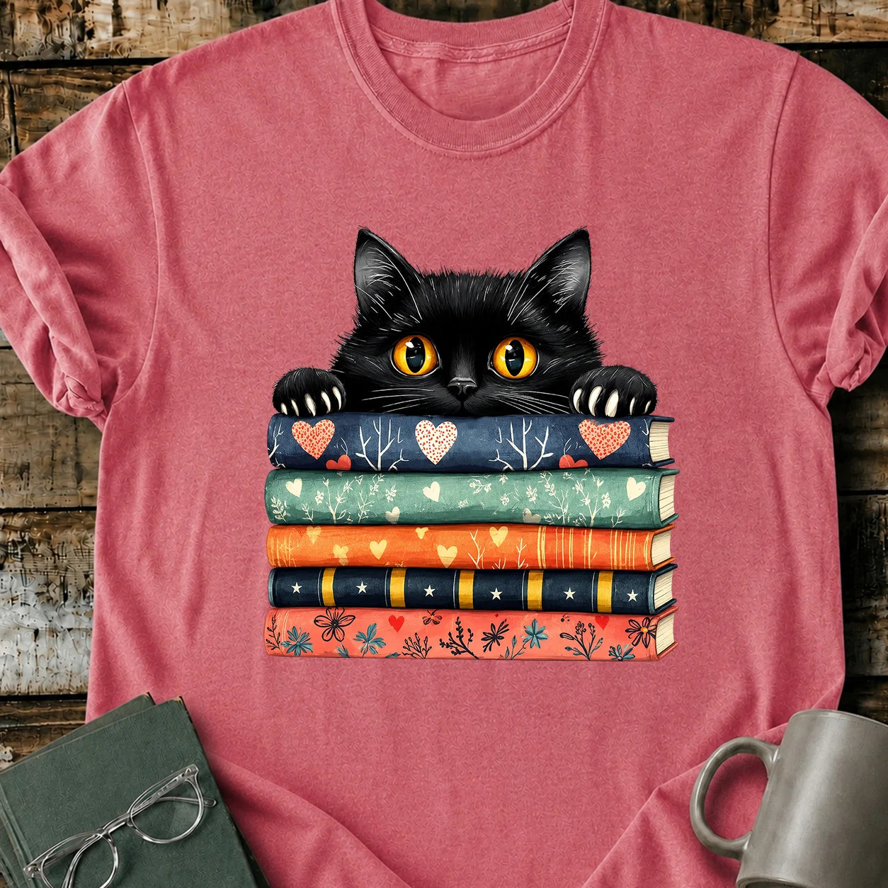 Black Cat Book Stack T-Shirt