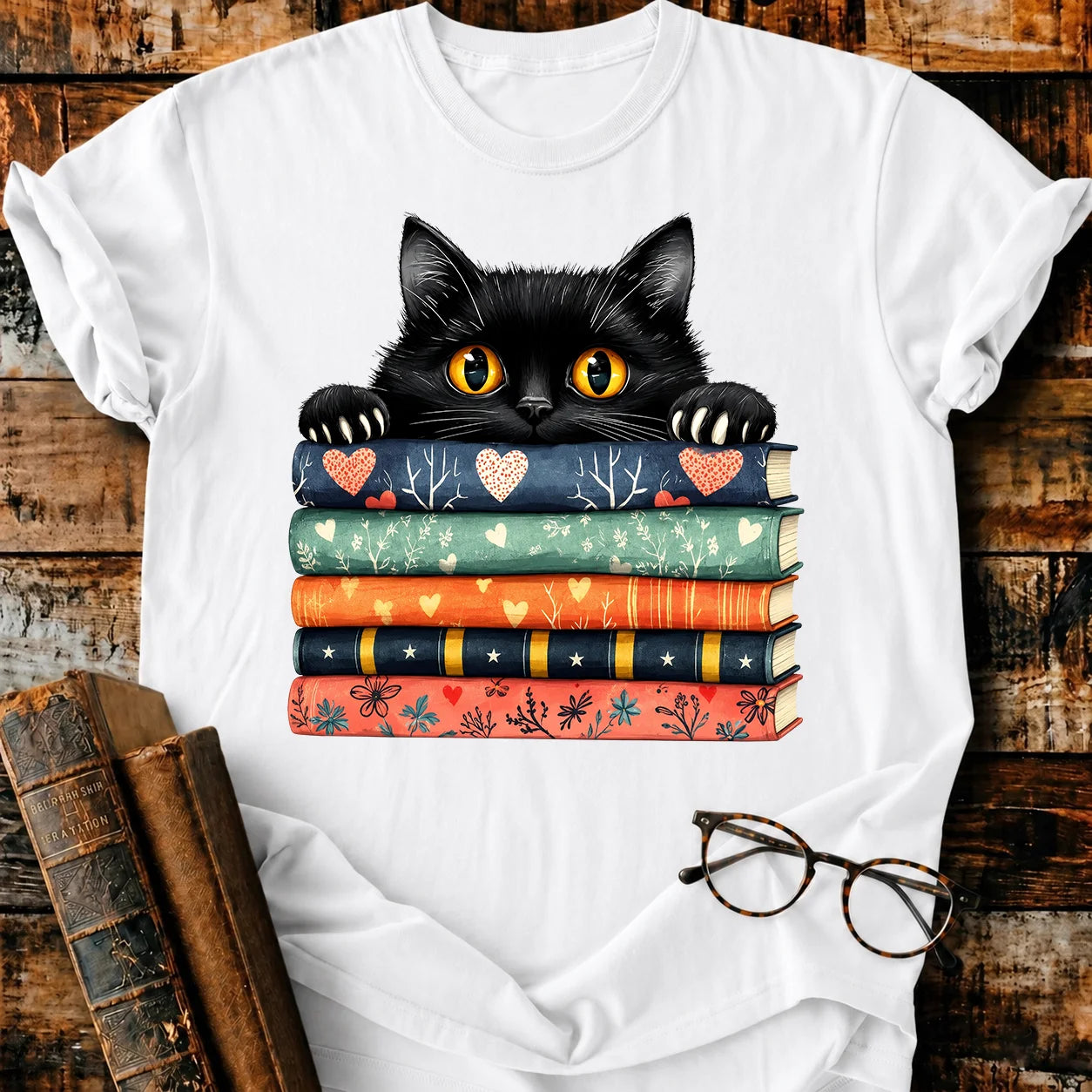 Black Cat On Books T-Shirt