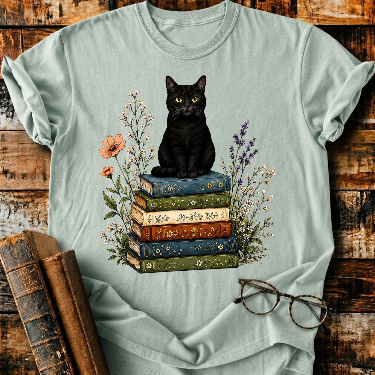 Black Cat On Books T-Shirt