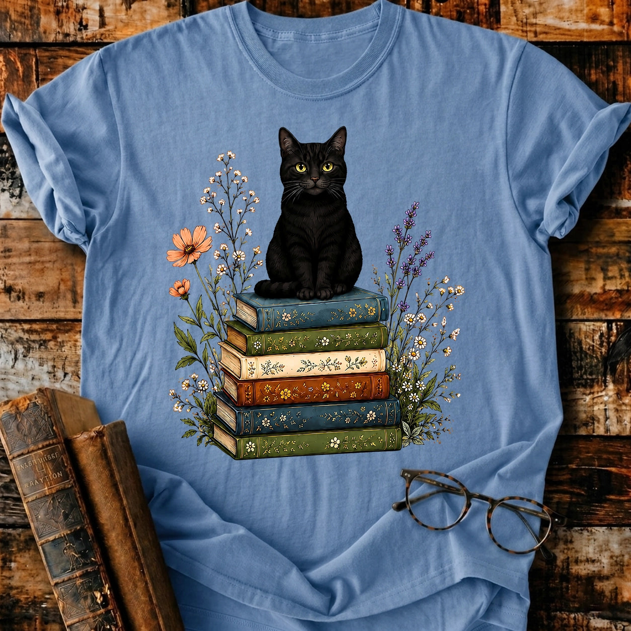 Black Cat On Books T-Shirt