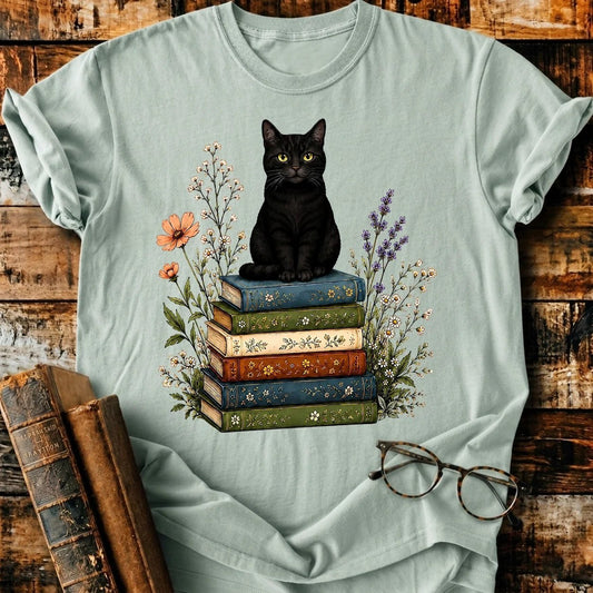 Black Cat On Books T-Shirt - BookMuseClub