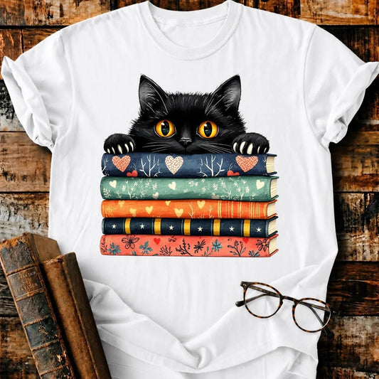 Black Cat On Books Stack T-Shirt - BookMuseClub