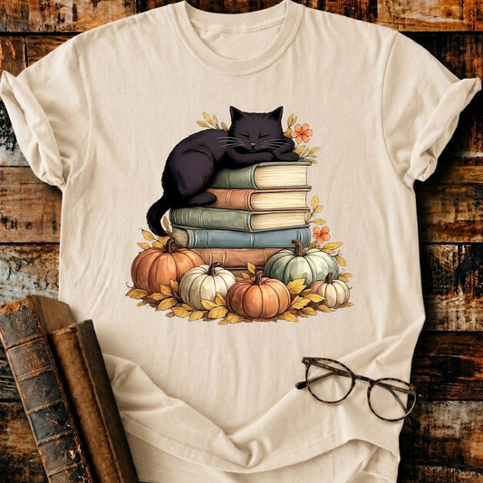 Black Cat Sleep On Books T-Shirt - BookMuseClub