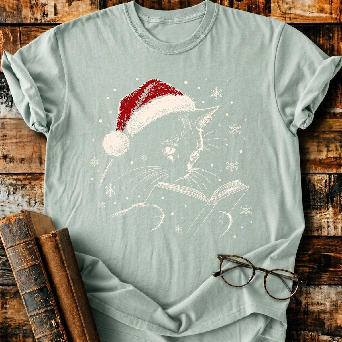 Cat Reading Christmas T-Shirt - BookMuseClub