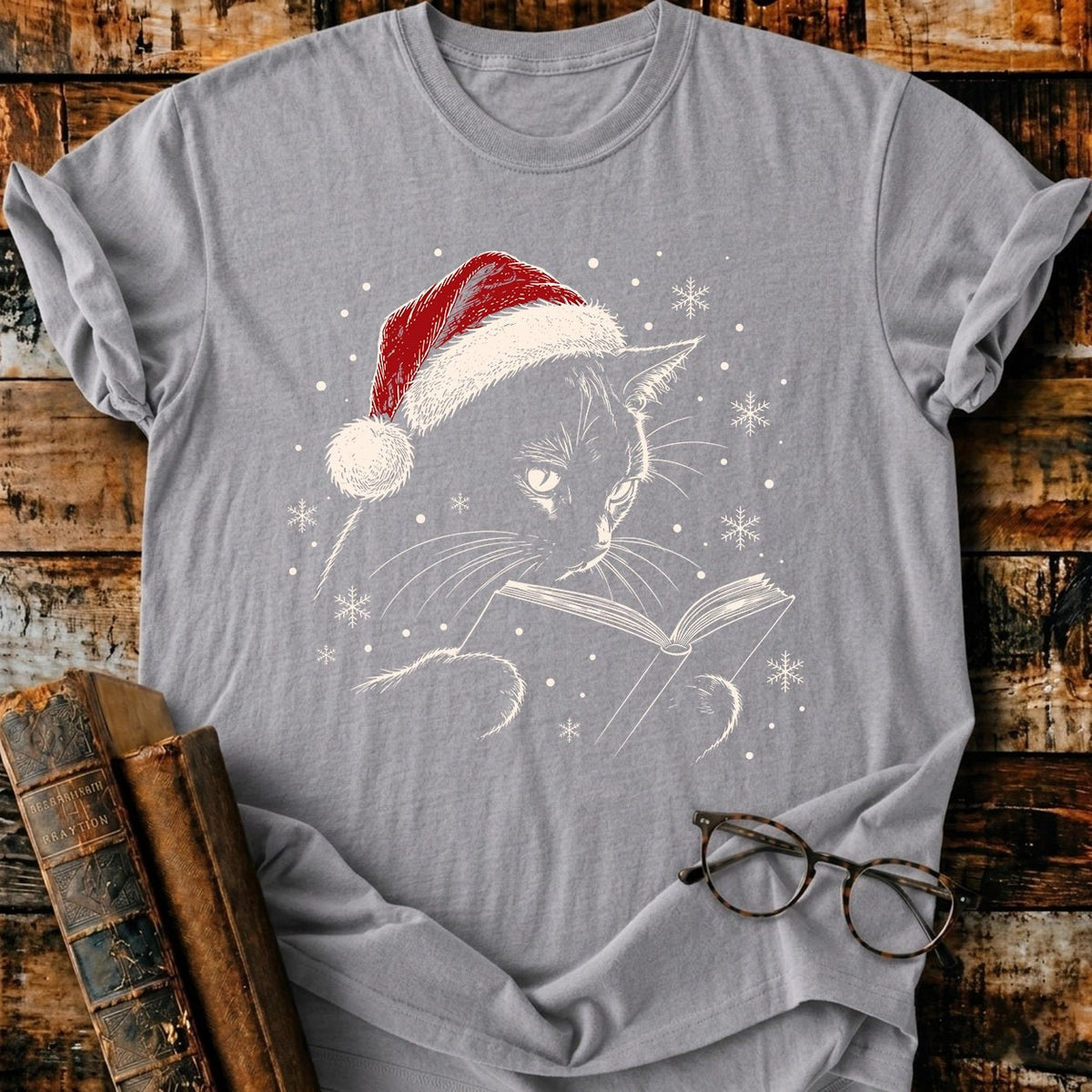 Cat Reading Christmas T-Shirt - BookMuseClub