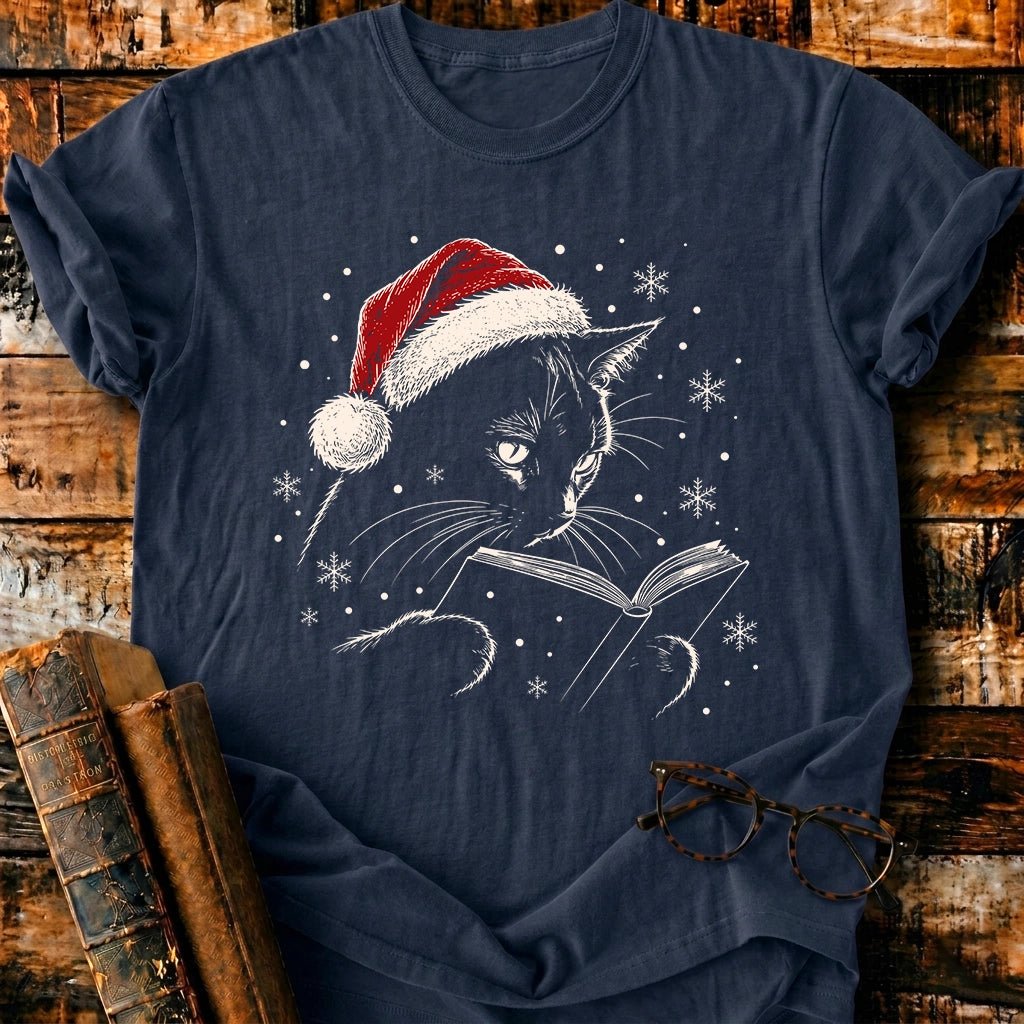 Cat Reading Christmas T-Shirt - BookMuseClub