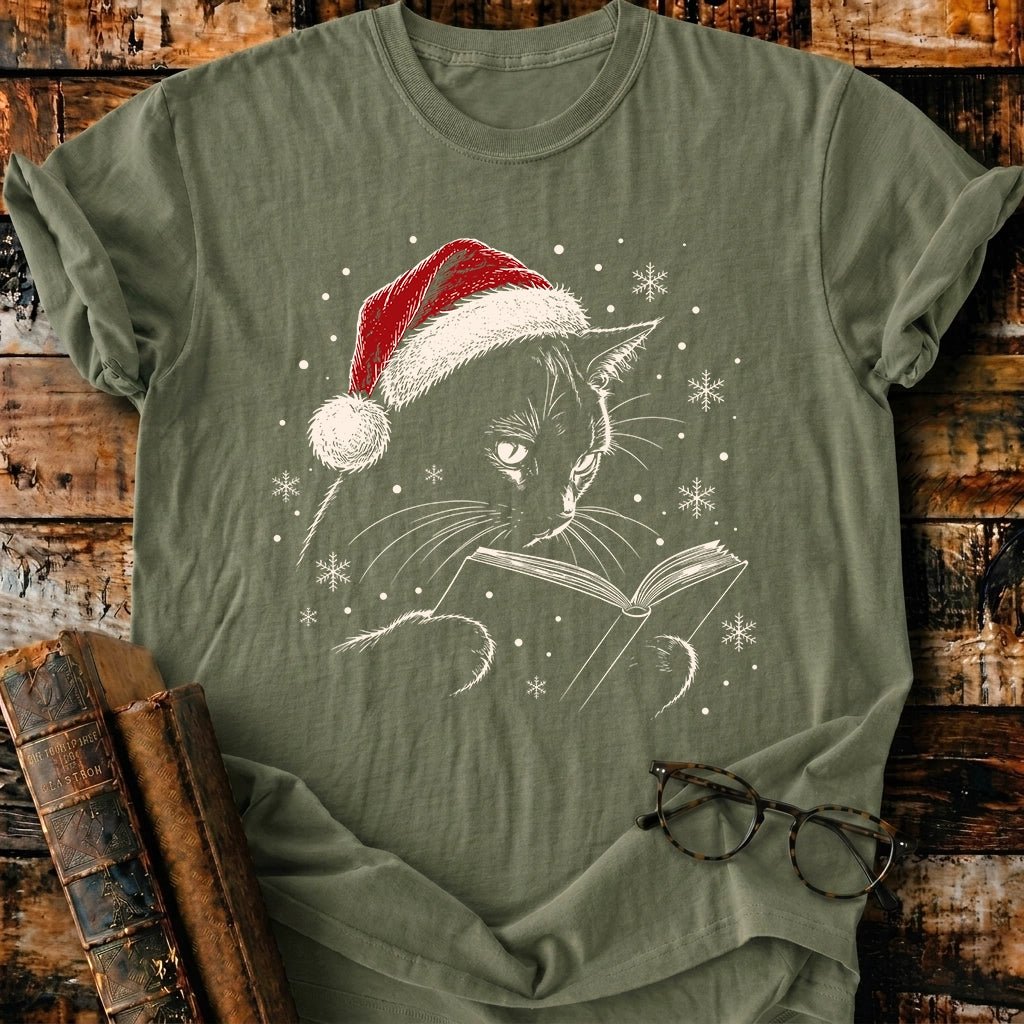 Cat Reading Christmas T-Shirt - BookMuseClub