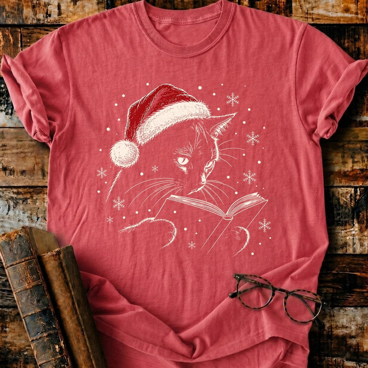 Cat Reading Christmas T-Shirt - BookMuseClub