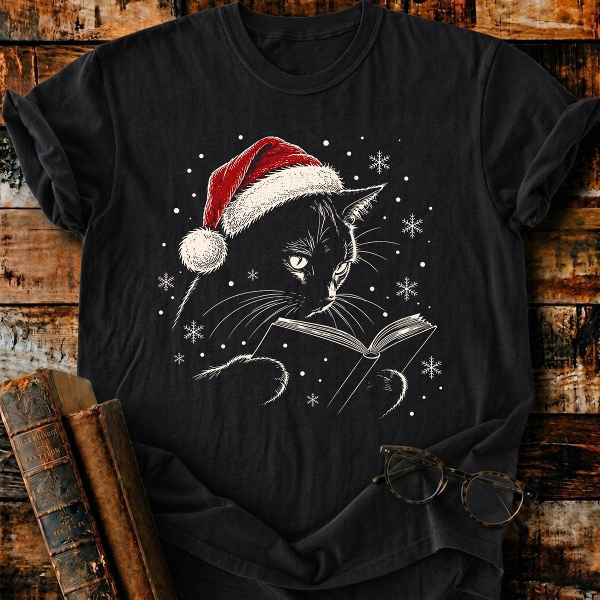 Cat Reading Christmas T-Shirt - BookMuseClub