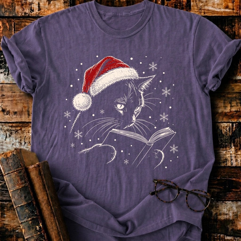 Cat Reading Christmas T-Shirt - BookMuseClub