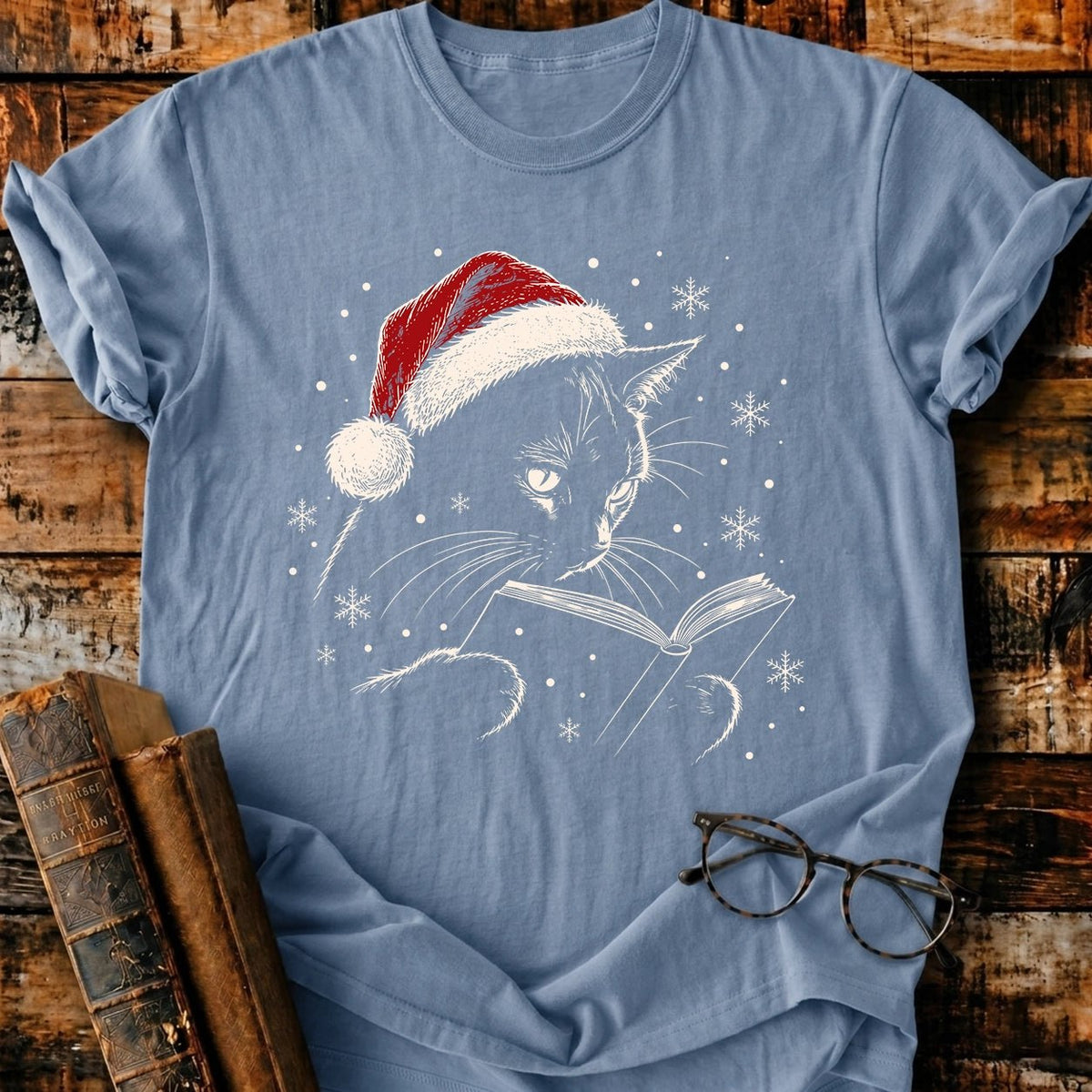 Cat Reading Christmas T-Shirt - BookMuseClub