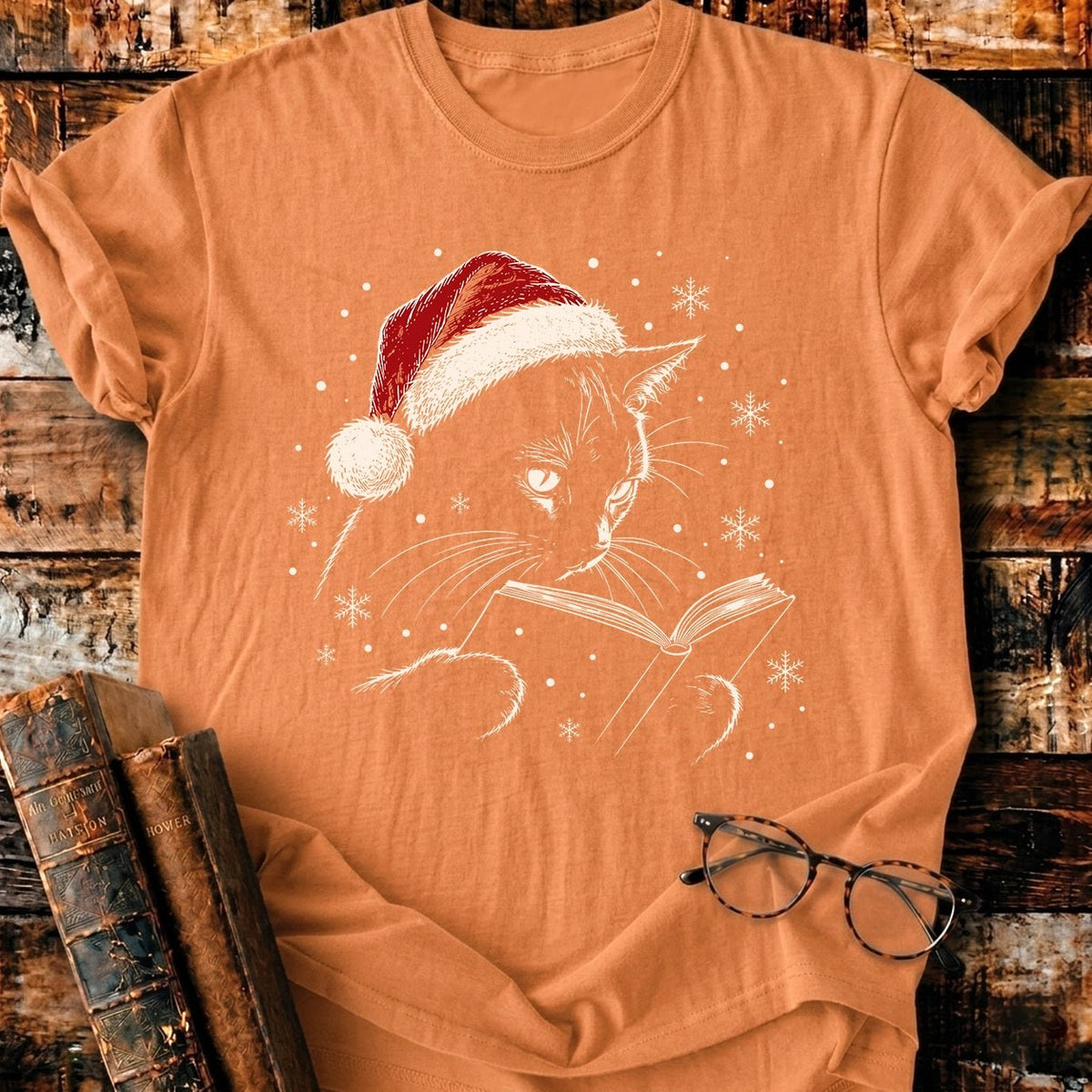 Cat Reading Christmas T-Shirt - BookMuseClub