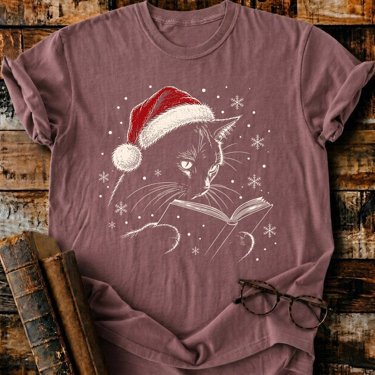 Cat Reading Christmas T-Shirt - BookMuseClub