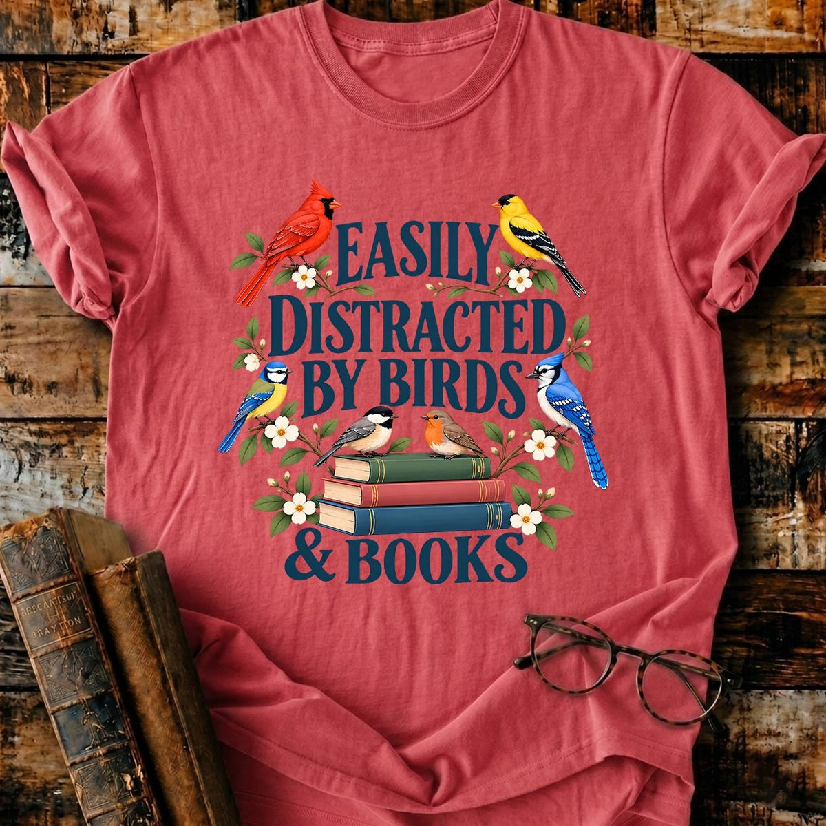 Easily Distracted By Birds And Books T-Shirt - BookMuseClub