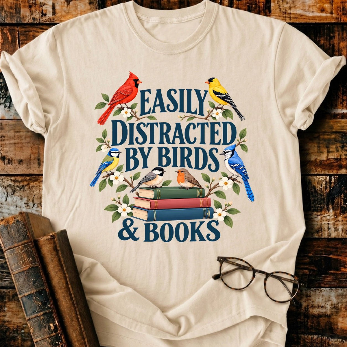 Easily Distracted By Birds And Books T-Shirt - BookMuseClub