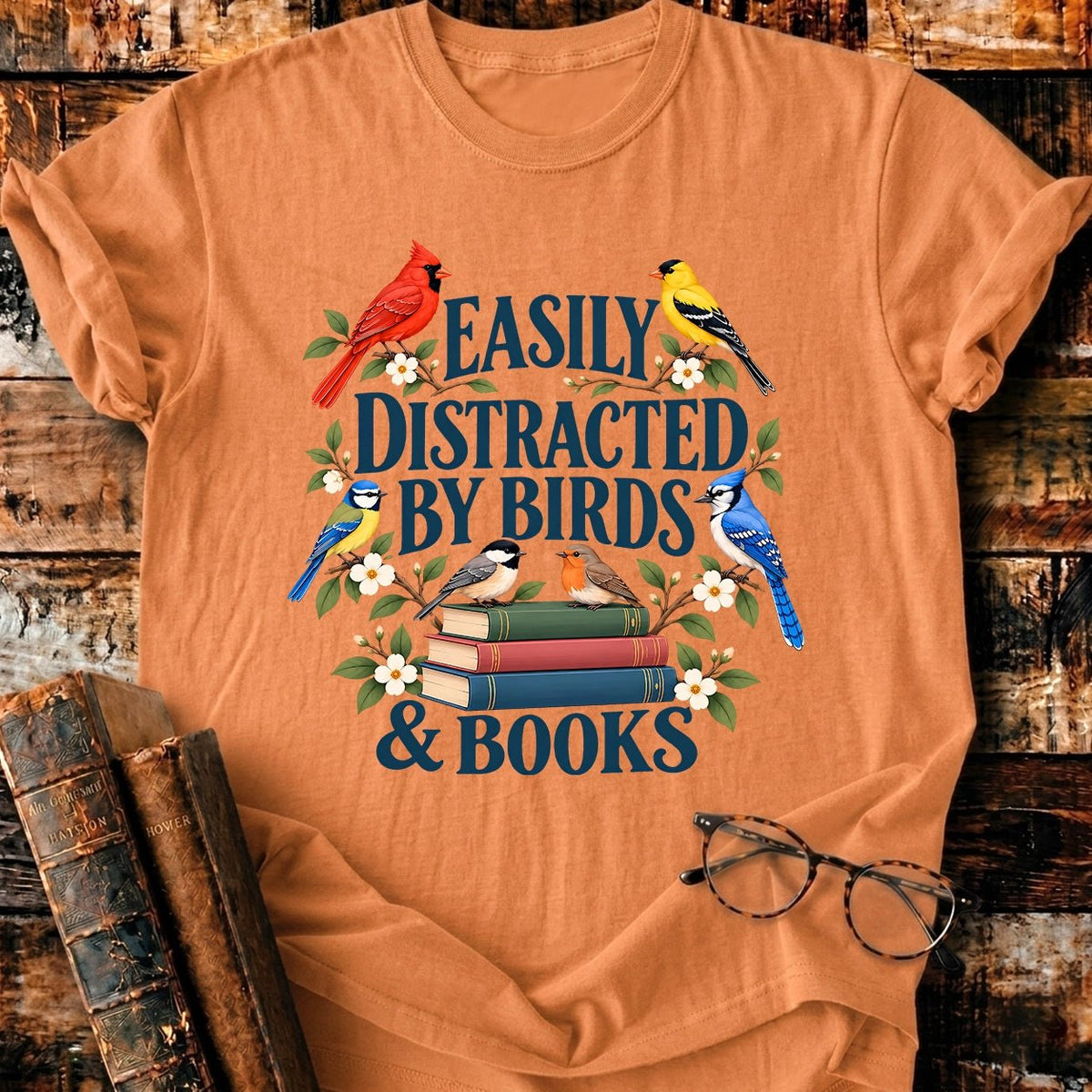 Easily Distracted By Birds And Books T-Shirt - BookMuseClub