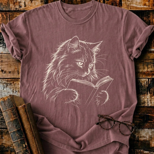 Longhair Cat Reading T-Shirt - BookMuseClub