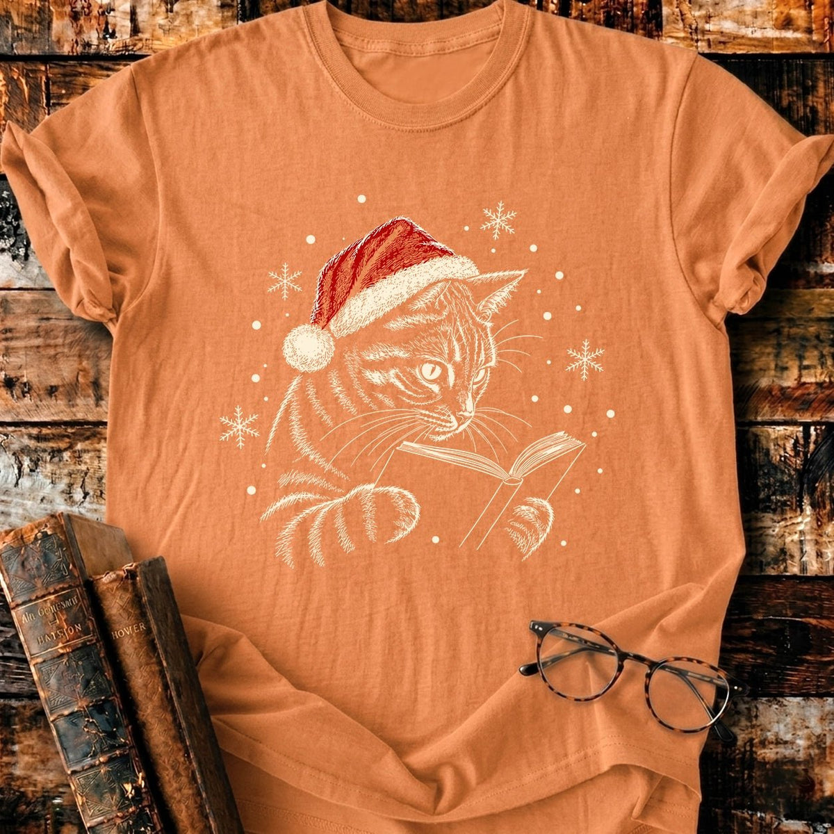 Tabby Cat Reading Christmas T-Shirt - BookMuseClub