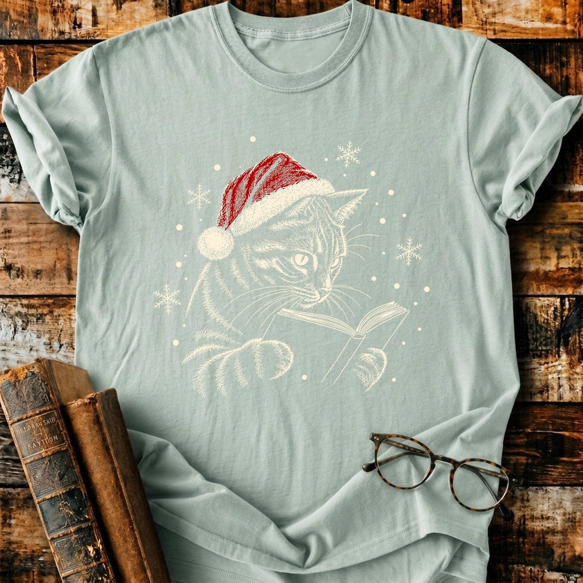 Tabby Cat Reading Christmas T-Shirt - BookMuseClub