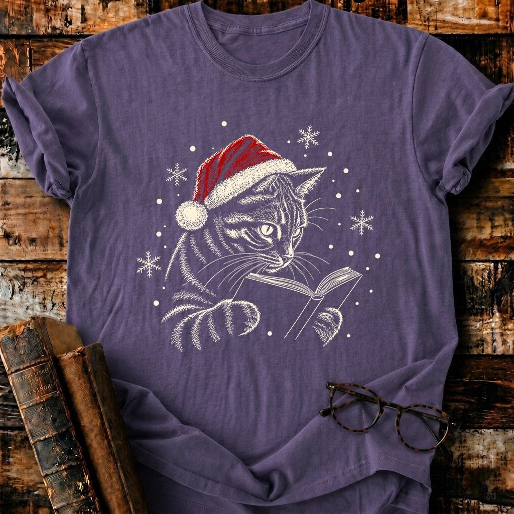 Tabby Cat Reading Christmas T-Shirt - BookMuseClub