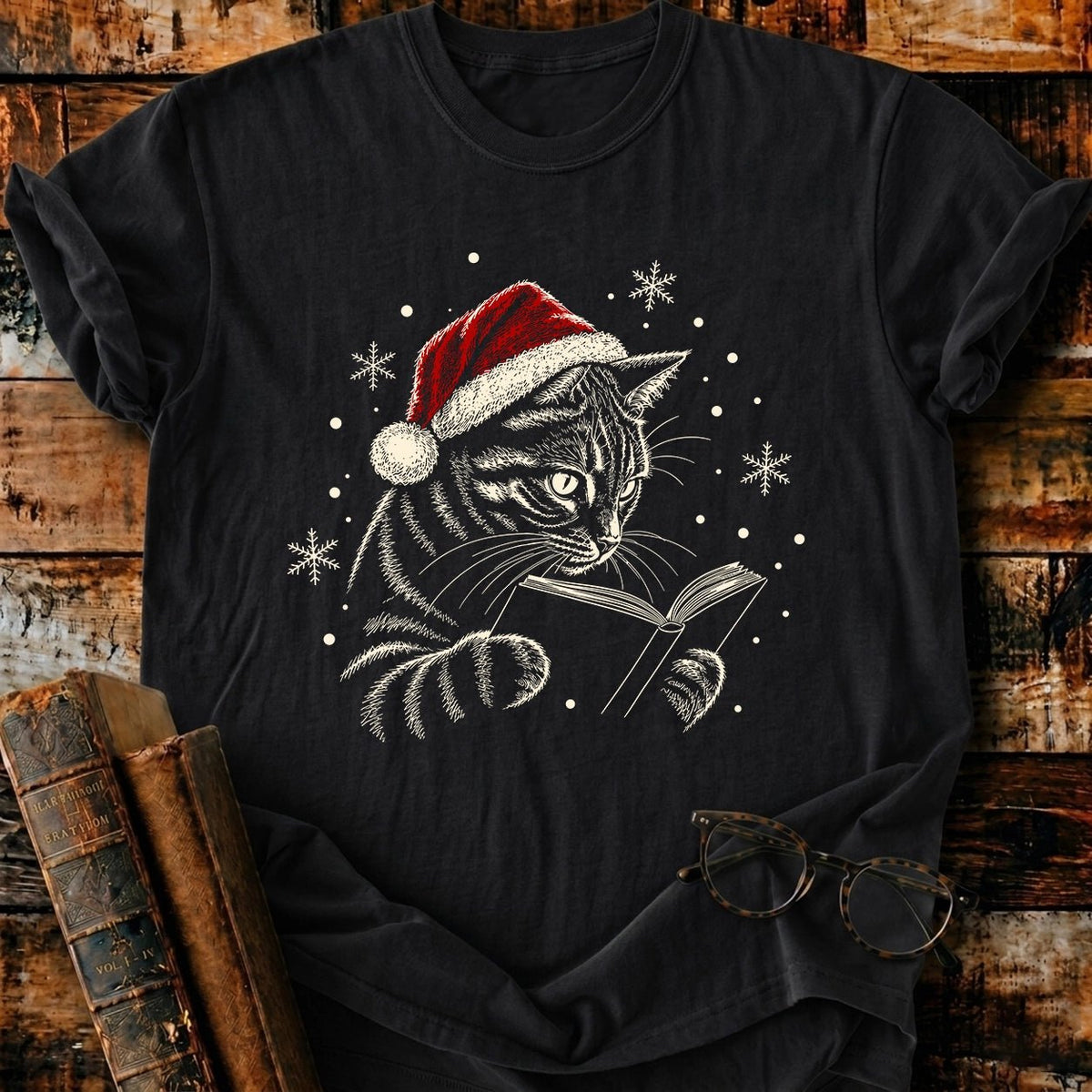 Tabby Cat Reading Christmas T-Shirt - BookMuseClub