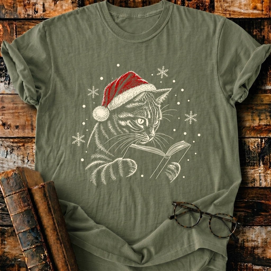 Tabby Cat Reading Christmas T-Shirt - BookMuseClub