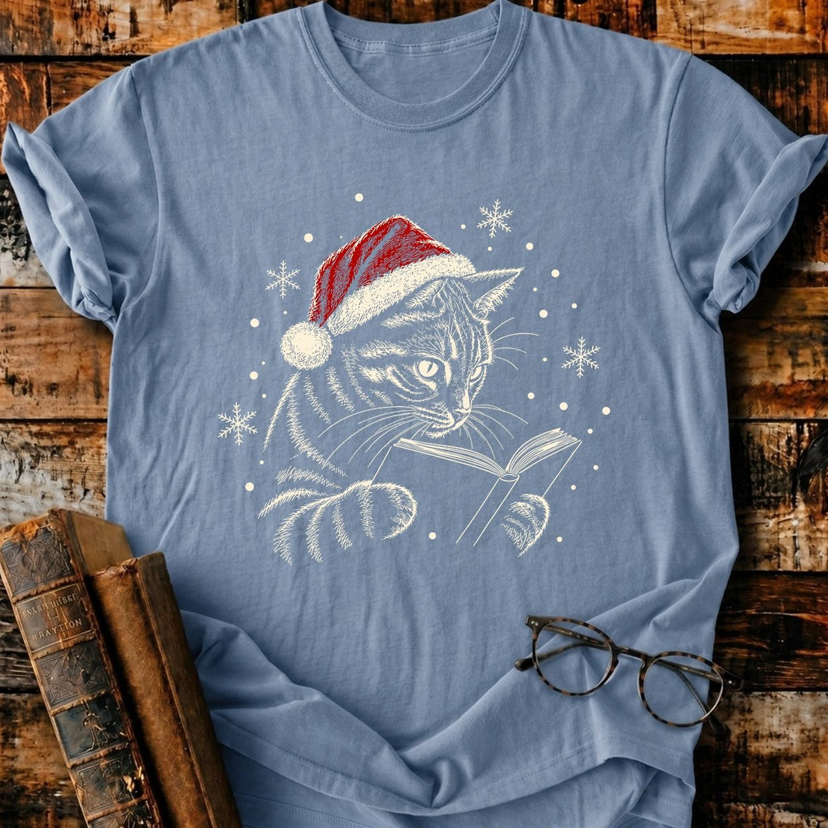Tabby Cat Reading Christmas T-Shirt - BookMuseClub