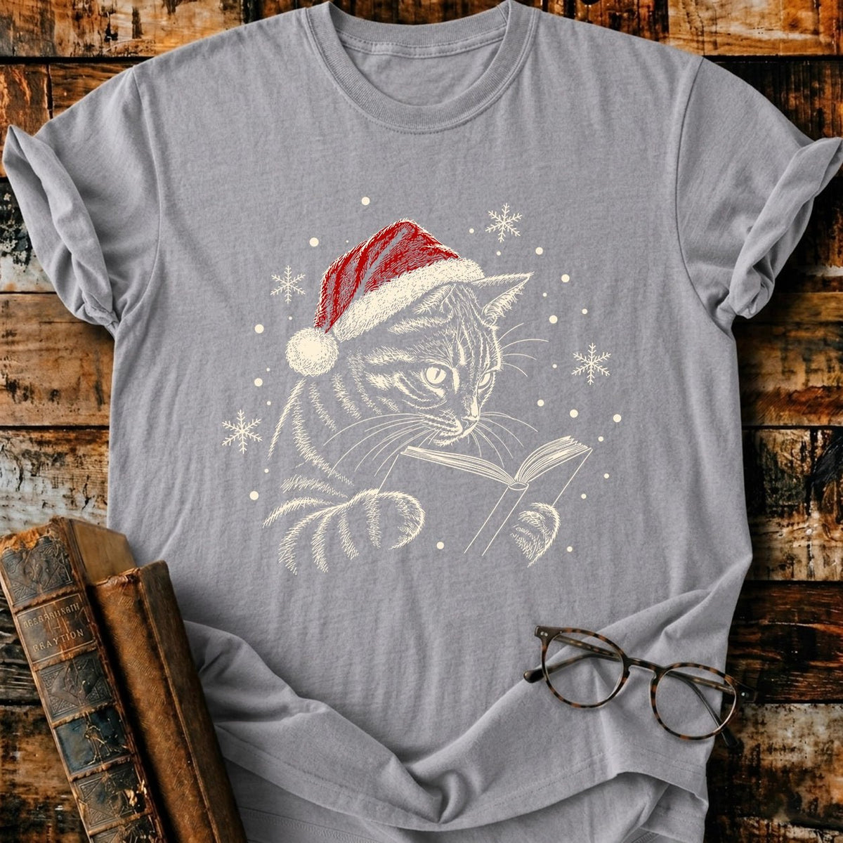 Tabby Cat Reading Christmas T-Shirt - BookMuseClub