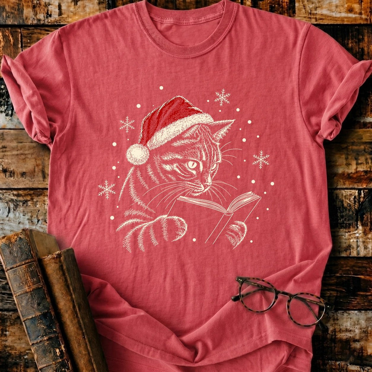 Tabby Cat Reading Christmas T-Shirt - BookMuseClub