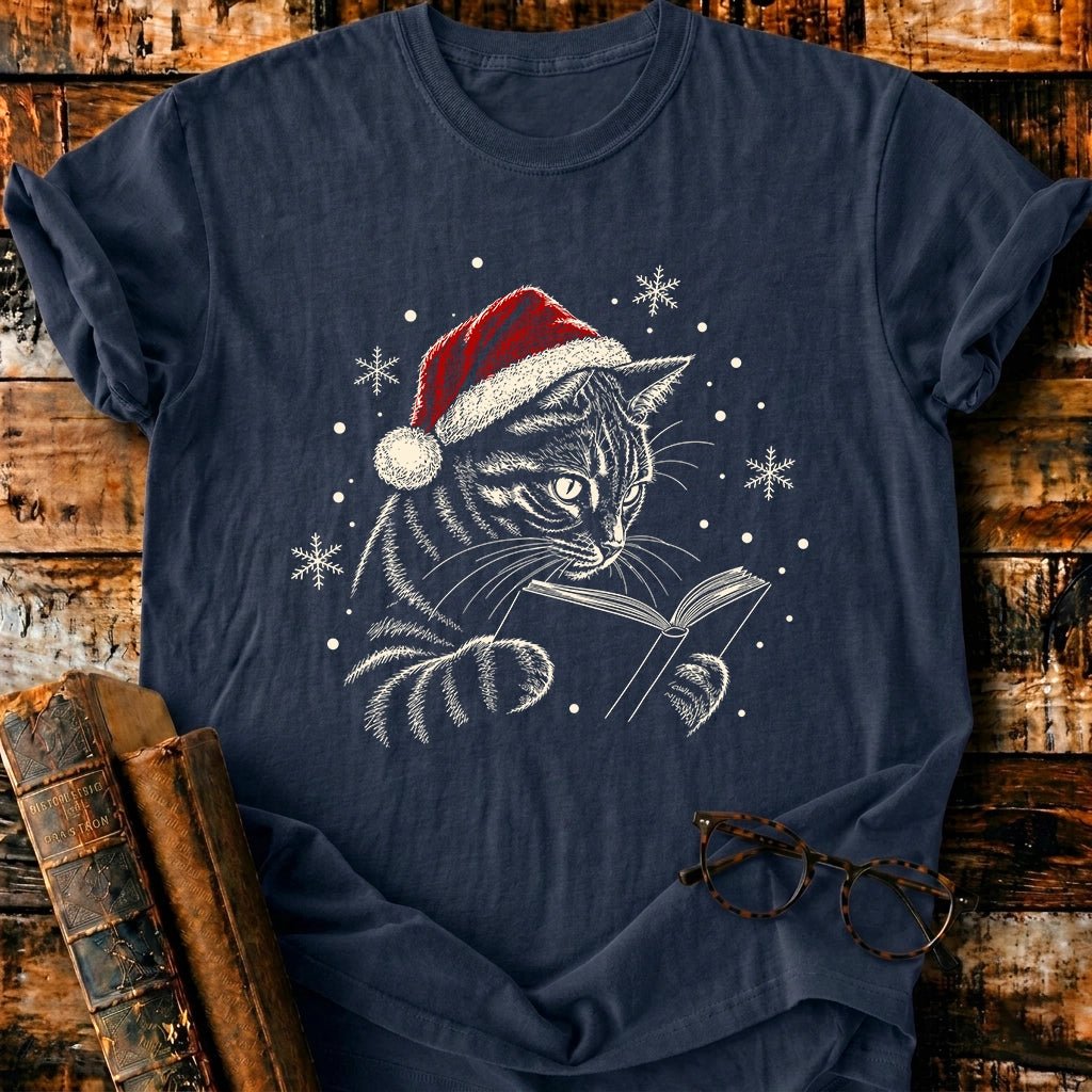 Tabby Cat Reading Christmas T-Shirt - BookMuseClub