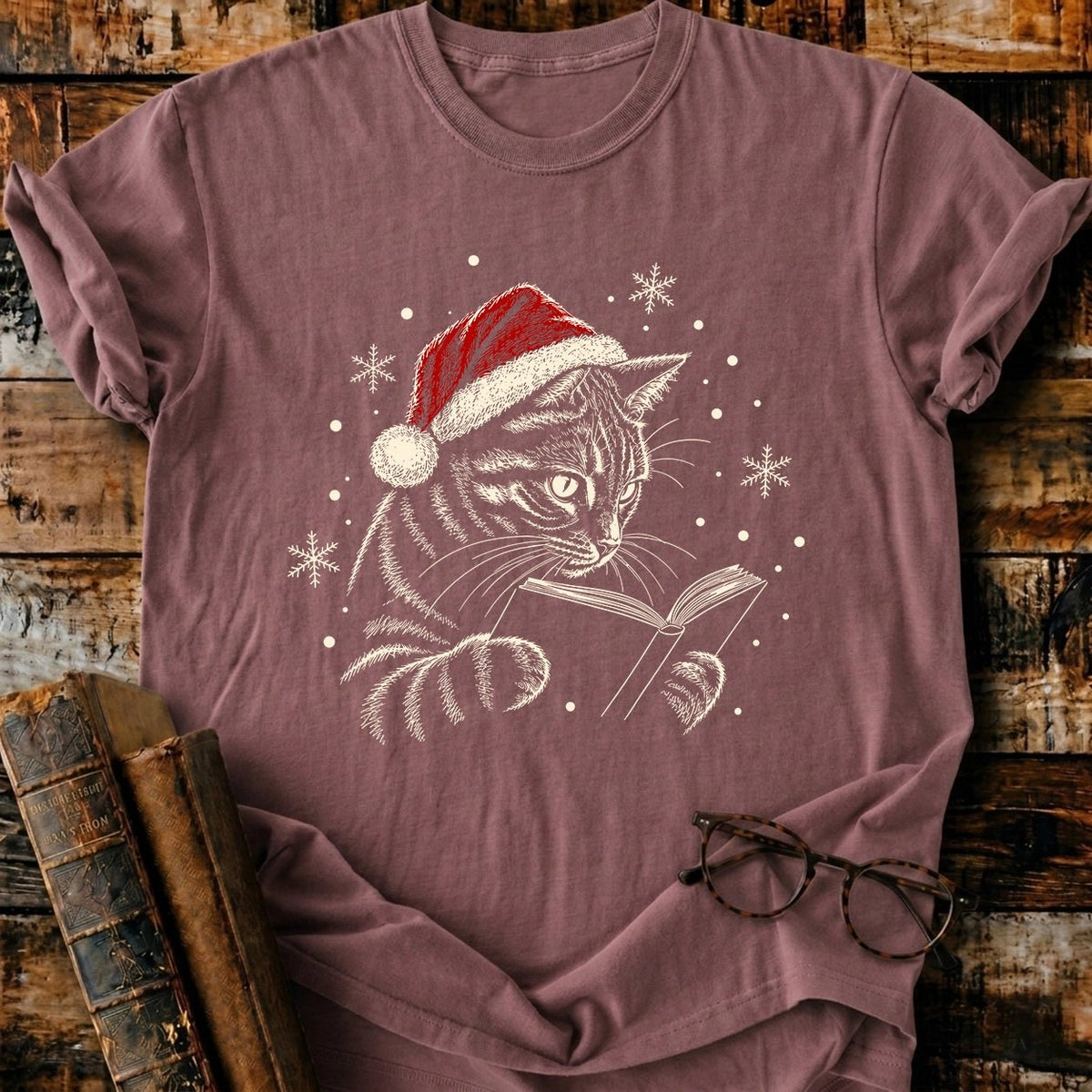 Tabby Cat Reading Christmas T-Shirt - BookMuseClub