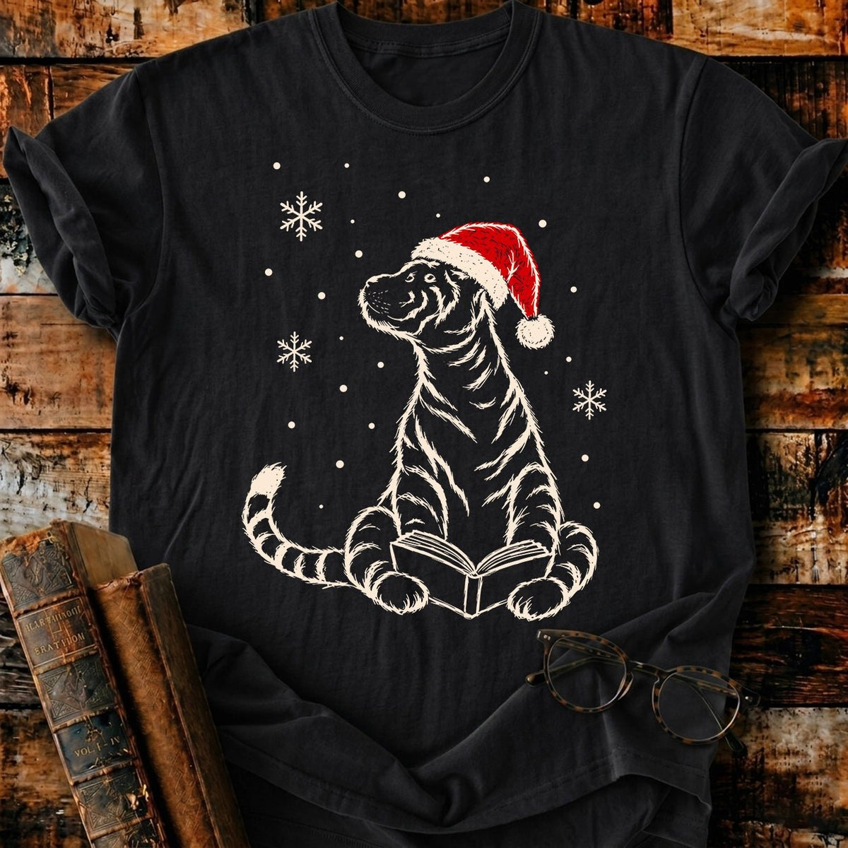 Tiger Reading Christmas T-Shirt - BookMuseClub