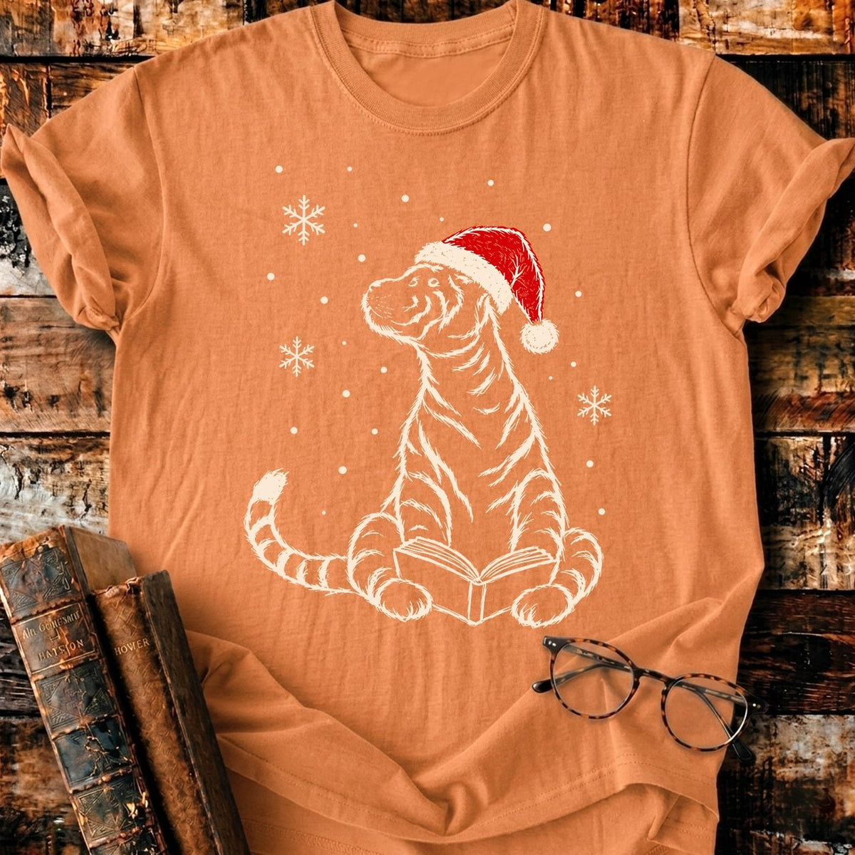 Tiger Reading Christmas T-Shirt - BookMuseClub