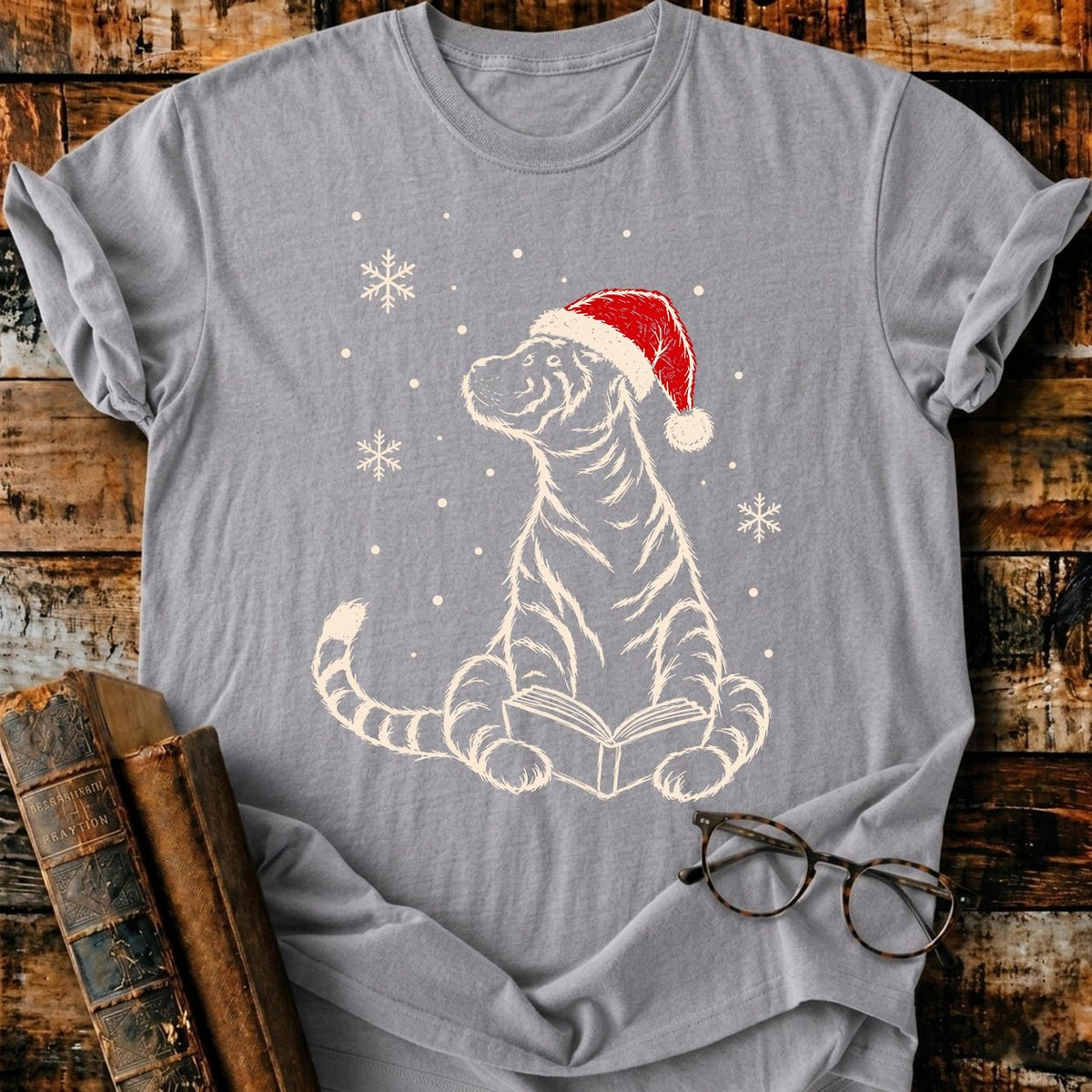 Tiger Reading Christmas T-Shirt - BookMuseClub