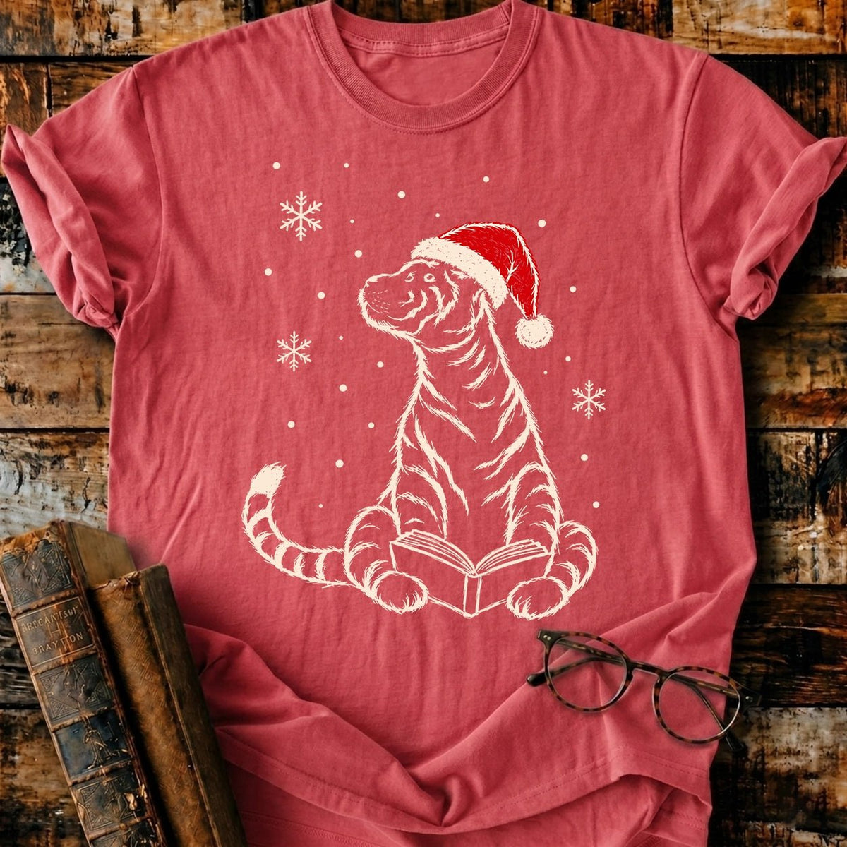 Tiger Reading Christmas T-Shirt - BookMuseClub