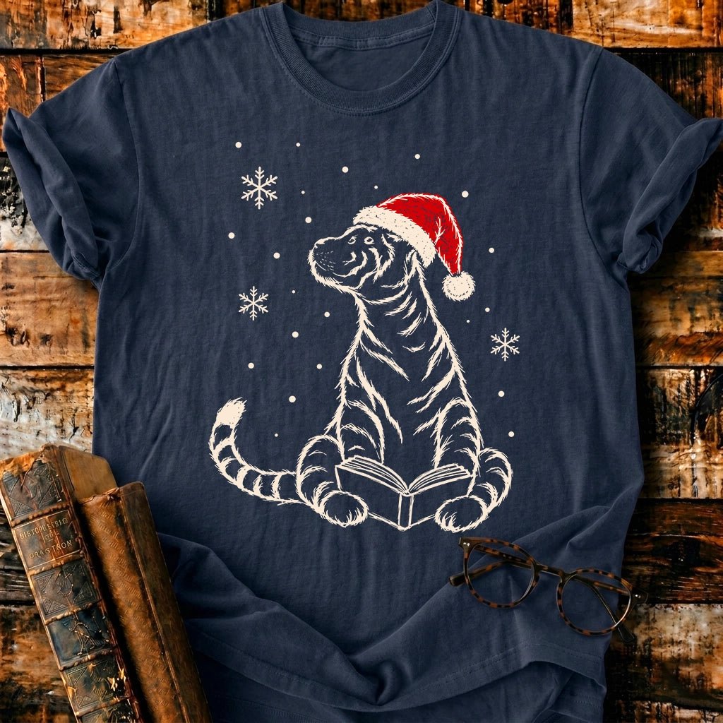 Tiger Reading Christmas T-Shirt - BookMuseClub