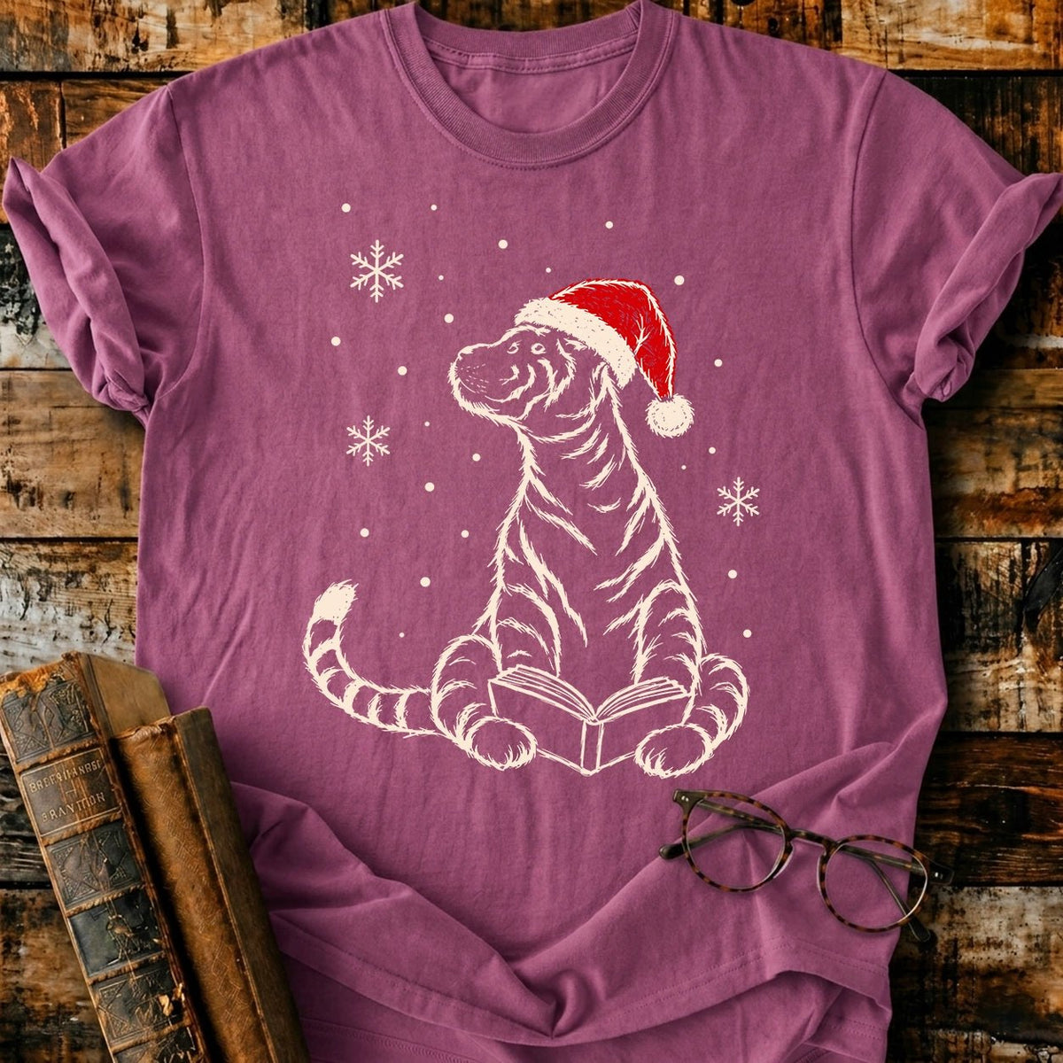 Tiger Reading Christmas T-Shirt - BookMuseClub
