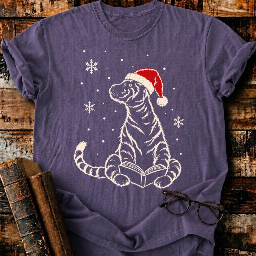 Tiger Reading Christmas T-Shirt - BookMuseClub