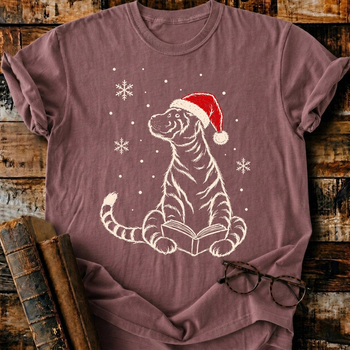 Tiger Reading Christmas T-Shirt - BookMuseClub