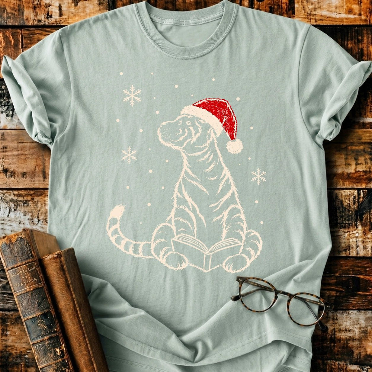 Tiger Reading Christmas T-Shirt - BookMuseClub